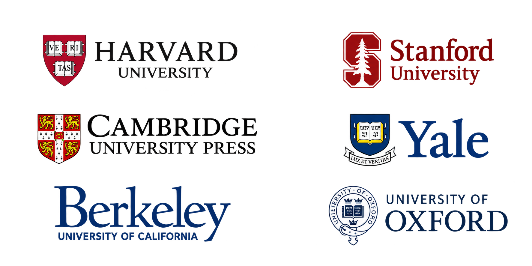 Logotipos de Harvard, Stanford, Cambridge, Yale, Berkeley e Oxford